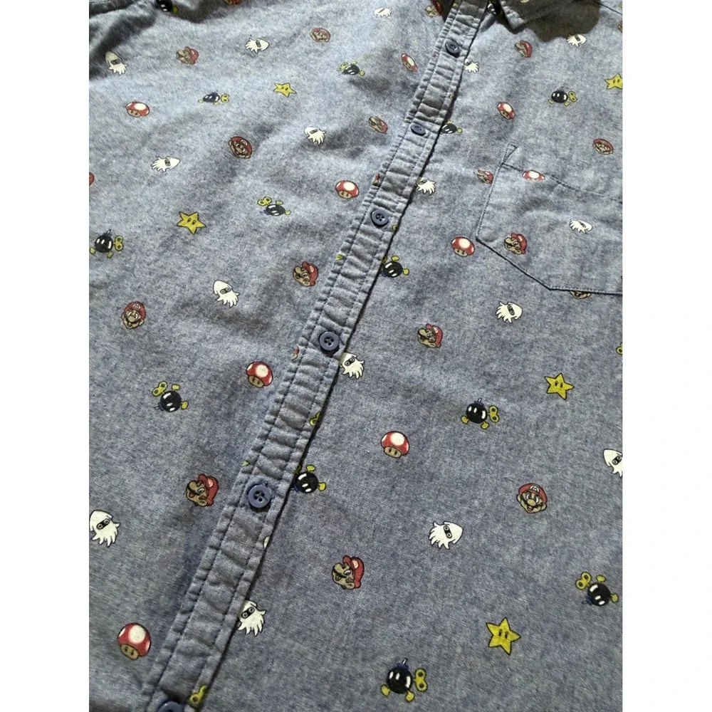 Nintendo Super Mario Bros Mens XL Blue Chambray Short Sleeve Button Down Shirt - Picture 11 of 11